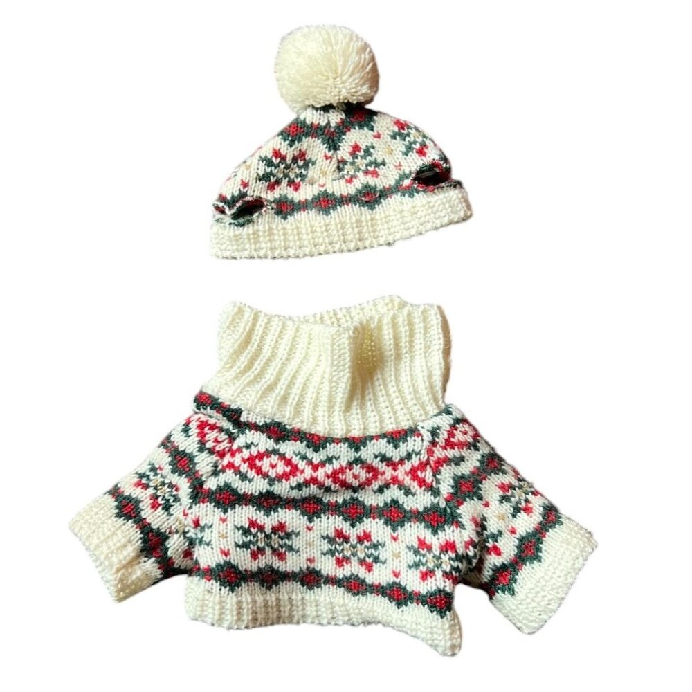 Stuffed Bear Outfit: Red, Green & Warm White Turtleneck Sweater & Tossel Cap